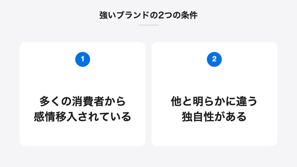 強いブランドの2つの条件｜多くの消費者から感情移入されている、他と明らかに違う独自性がある