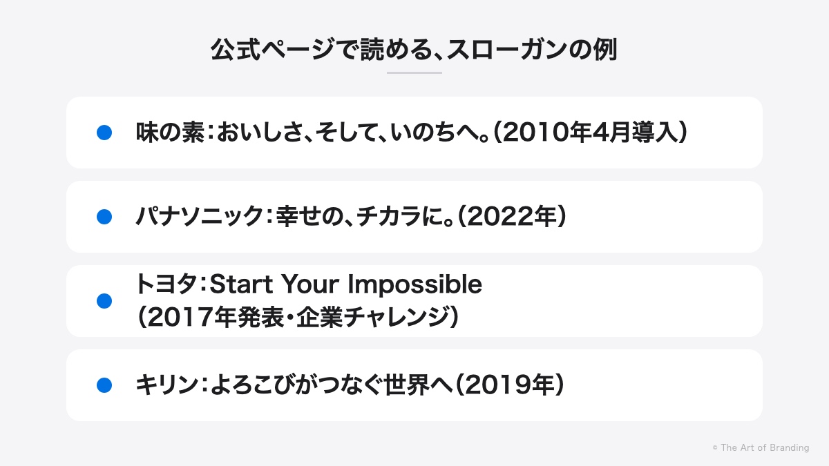 公式ページで読める、スローガンの例：味の素、パナソニック、トヨタ（企業チャレンジ）、キリン