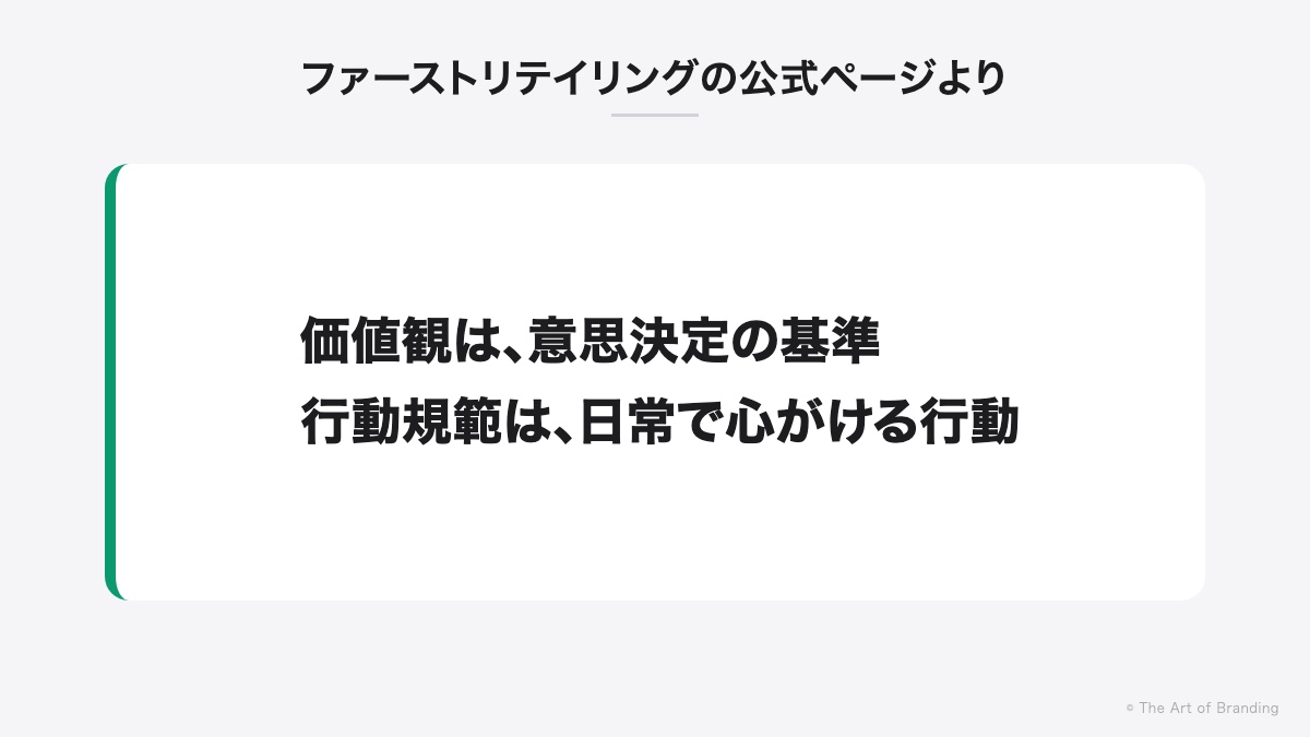 ファーストリテイリングの公式ページより：価値観は意思決定の基準、行動規範は日常で心がける行動