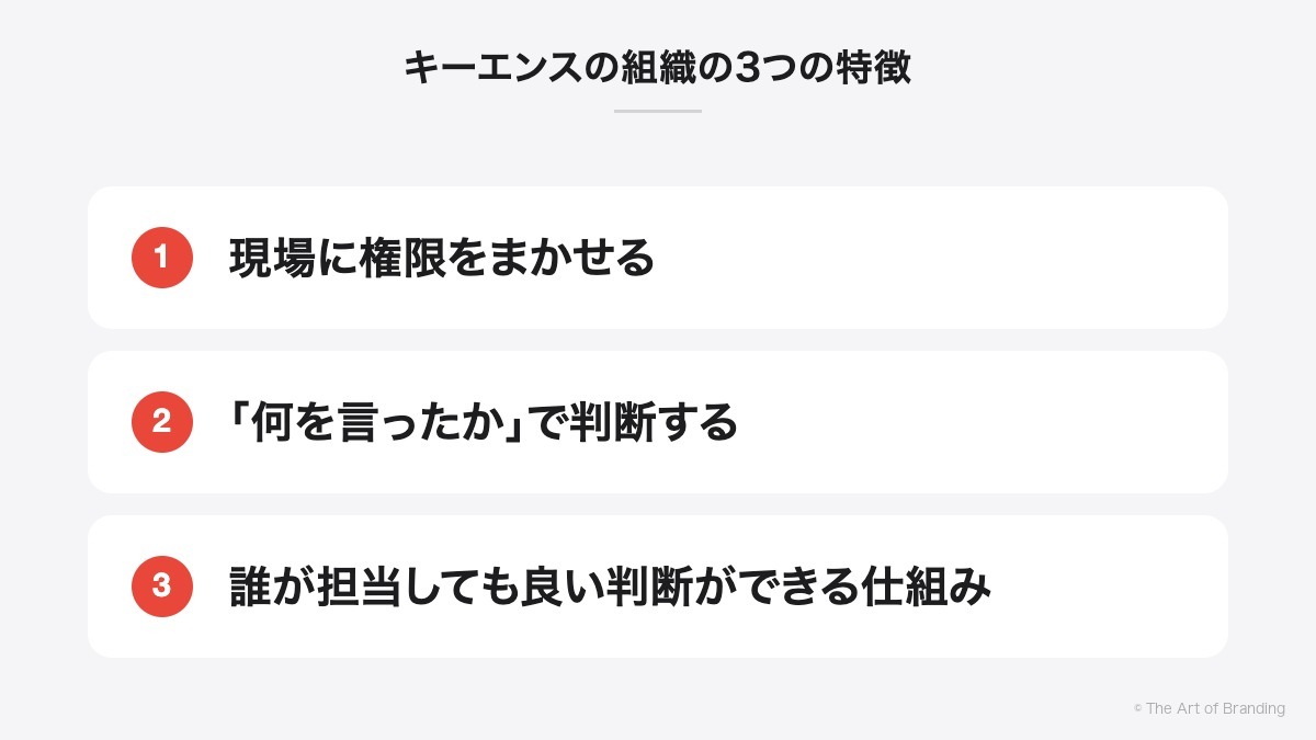 キーエンスの組織の3つの特徴|現場に権限をまかせる、「何を言ったか」で判断する、誰が担当しても良い判断ができる仕組み