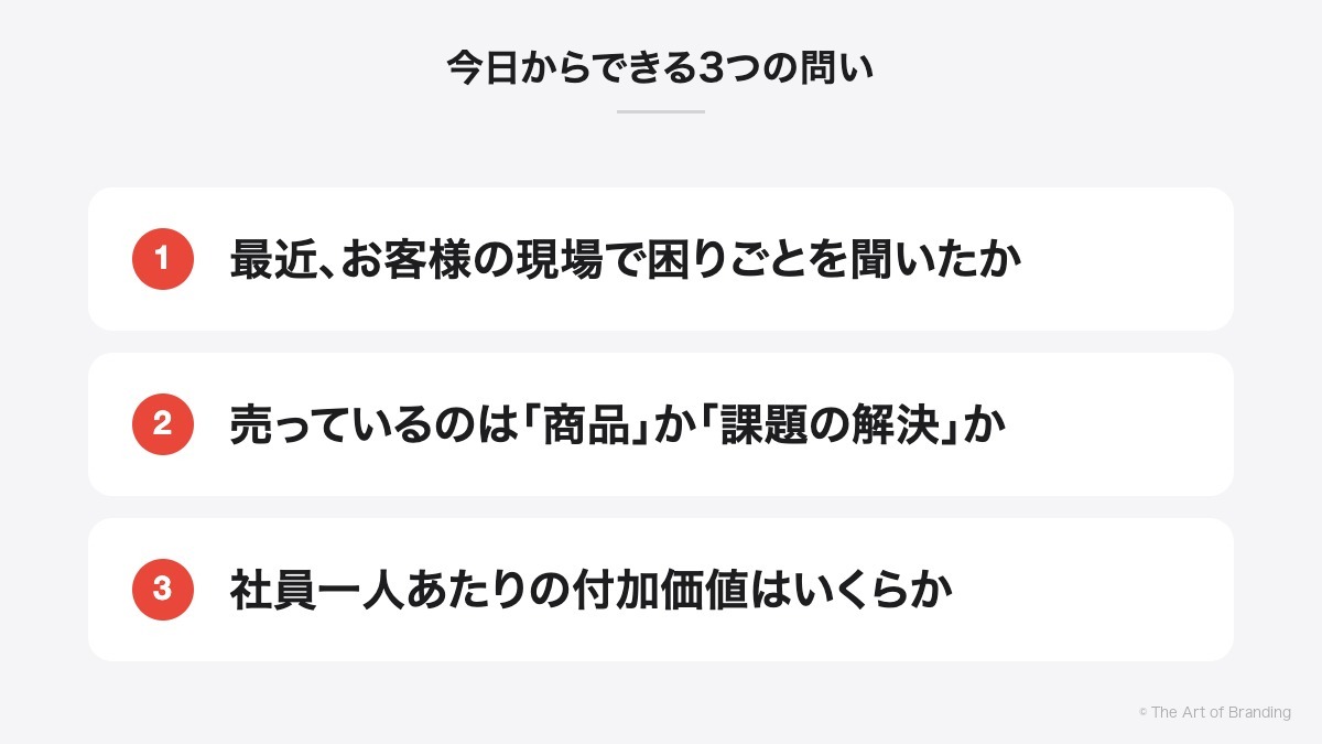 今日からできる3つの問い|最近、お客様の現場で困りごとを聞いたか、売っているのは「商品」か「課題の解決」か、社員一人あたりの付加価値はいくらか