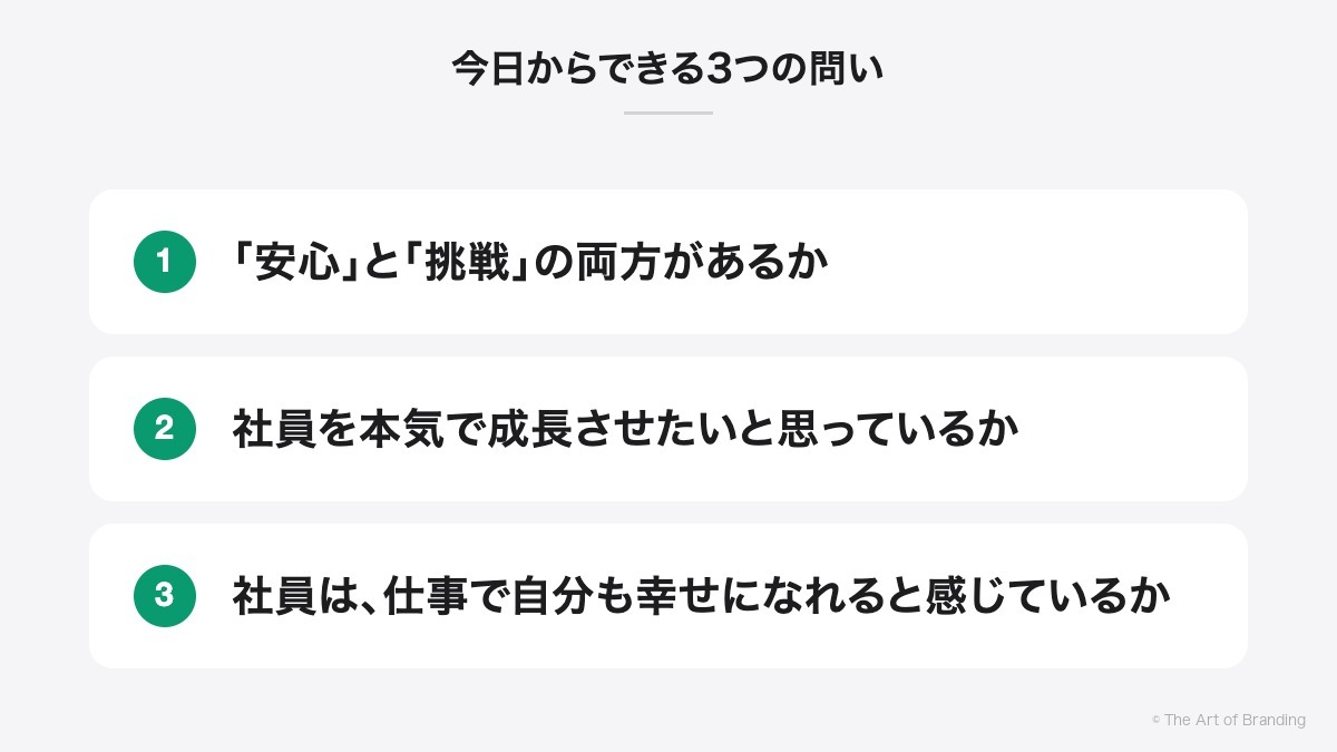 今日からできる3つの問い|「安心」と「挑戦」の両方があるか、社員を本気で成長させたいと思っているか、社員は、仕事で自分も幸せになれると感じているか