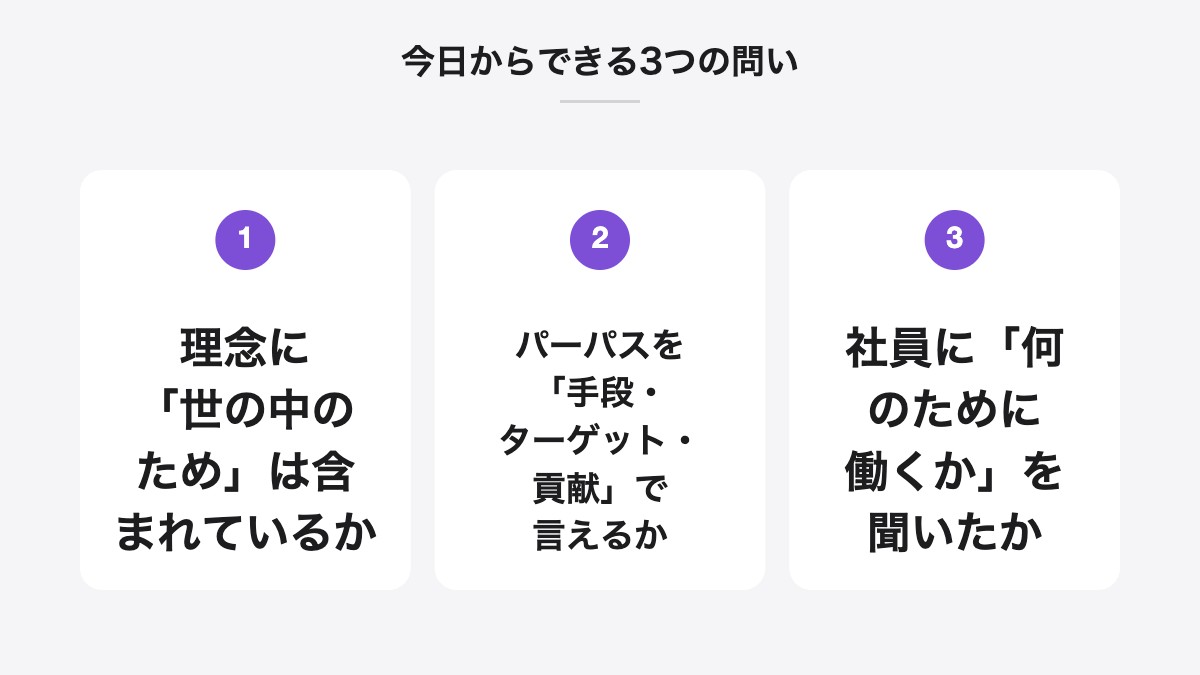 今日からできる3つの問い|理念に「世の中のため」は含まれているか、パーパスを「手段・ターゲット・貢献」で言えるか、社員に「何のために働くか」を聞いたか