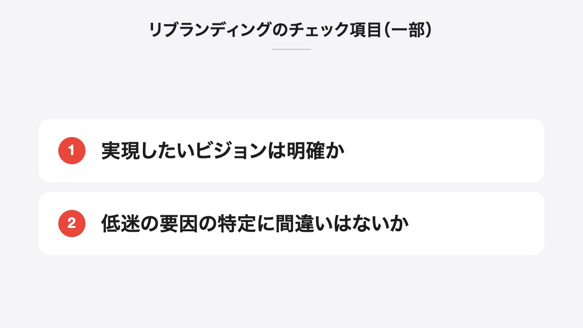 リブランディングのチェック項目（一部）｜実現したいビジョンは明確か、低迷の要因の特定に間違いはないか