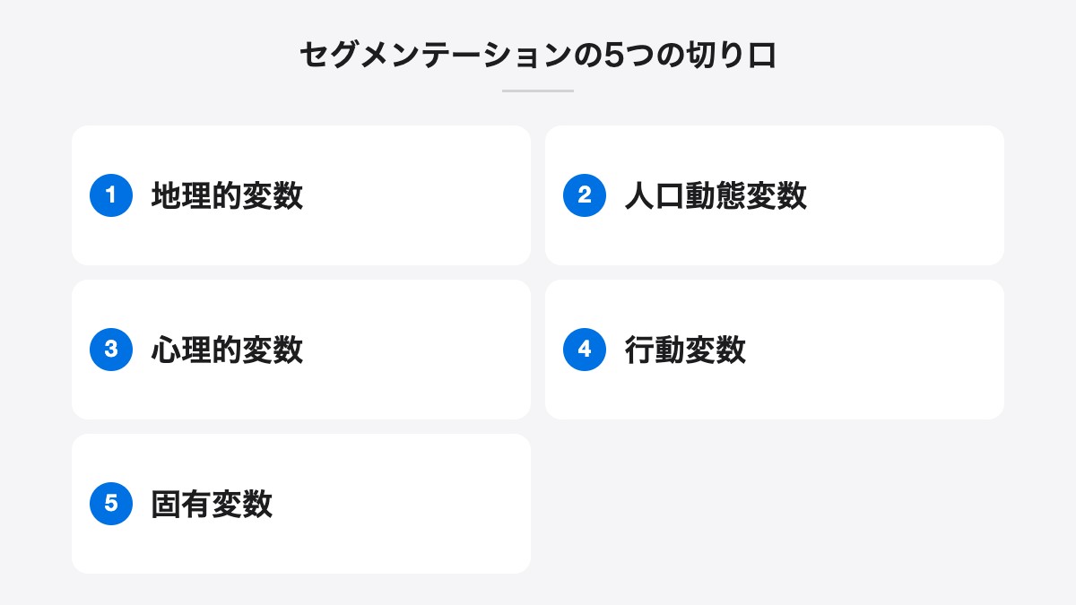 セグメンテーションの5つの切り口|地理的変数、人口動態変数、心理的変数、行動変数、固有変数
