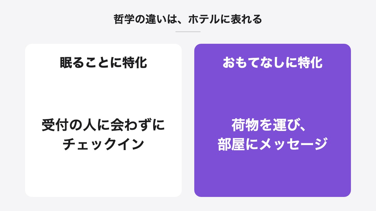 哲学の違いは、ホテルに表れる|眠ることに特化:受付の人に会わずにチェックイン/おもてなしに特化:荷物を運び、部屋にメッセージ