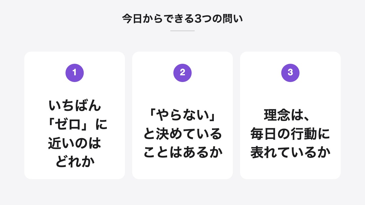 今日からできる3つの問い|いちばん「ゼロ」に近いのはどれか、「やらない」と決めていることはあるか、理念は、毎日の行動に表れているか