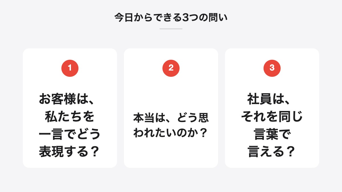 今日からできる3つの問い|お客様は、私たちを一言でどう表現する?、本当は、どう思われたいのか?、社員は、それを同じ言葉で言える?