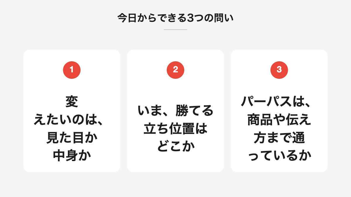 今日からできる3つの問い｜変えたいのは、見た目か中身か、いま、勝てる立ち位置はどこか、パーパスは、商品や伝え方まで通っているか